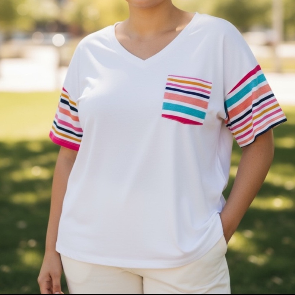 NEW Colorful Striped Sleeve White Pocket Tee NWOT